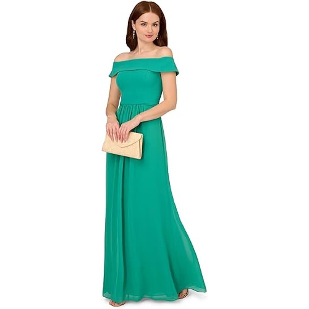 Adrianna Papell Off Shoulder Chiffon Long Maxi Dress Botanic Green Size 4 NWT